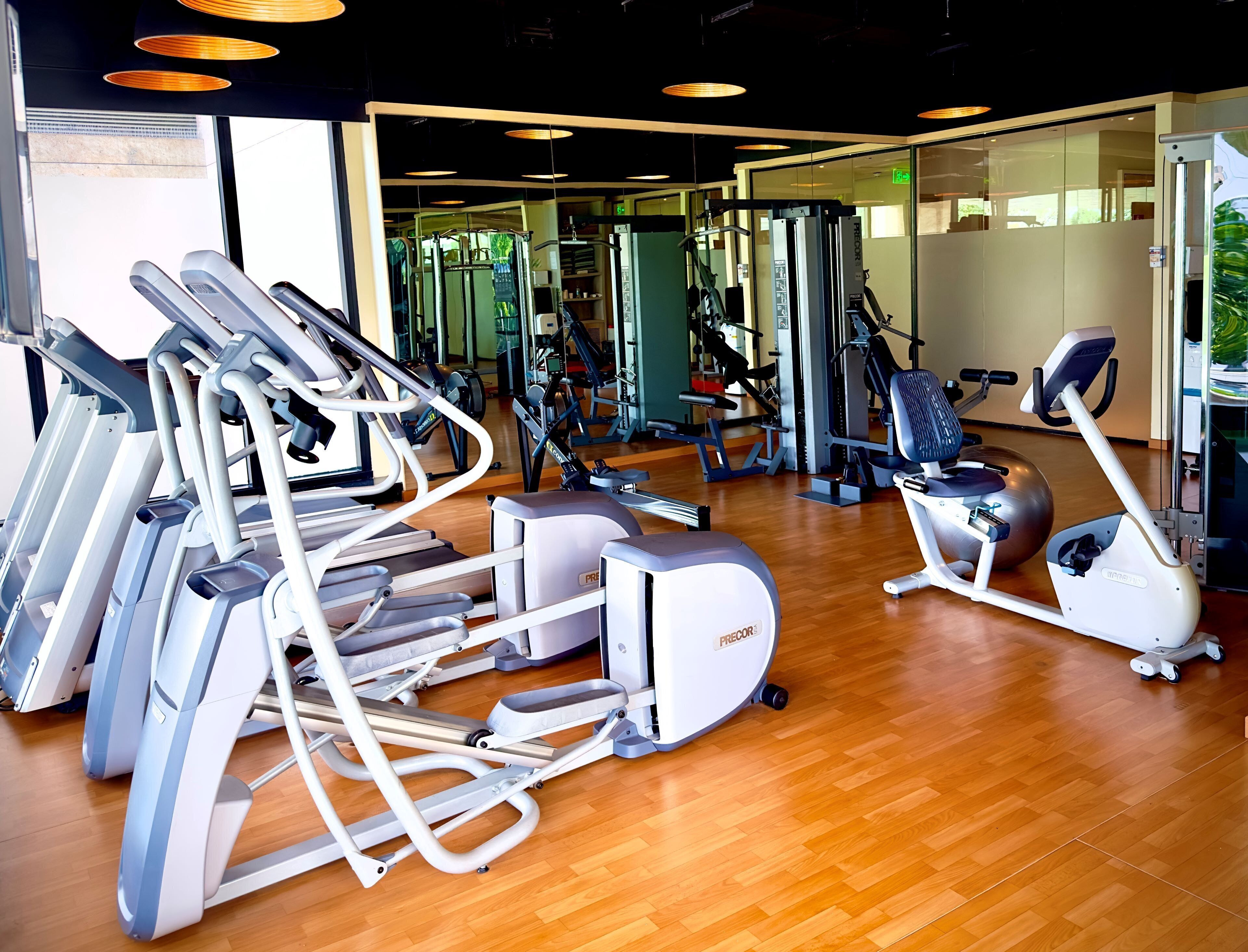 Une salle de sport équipée de divers appareils d’exercice, notamment des tapis de course et des vélos elliptiques, le tout installé sur un plancher en bois.