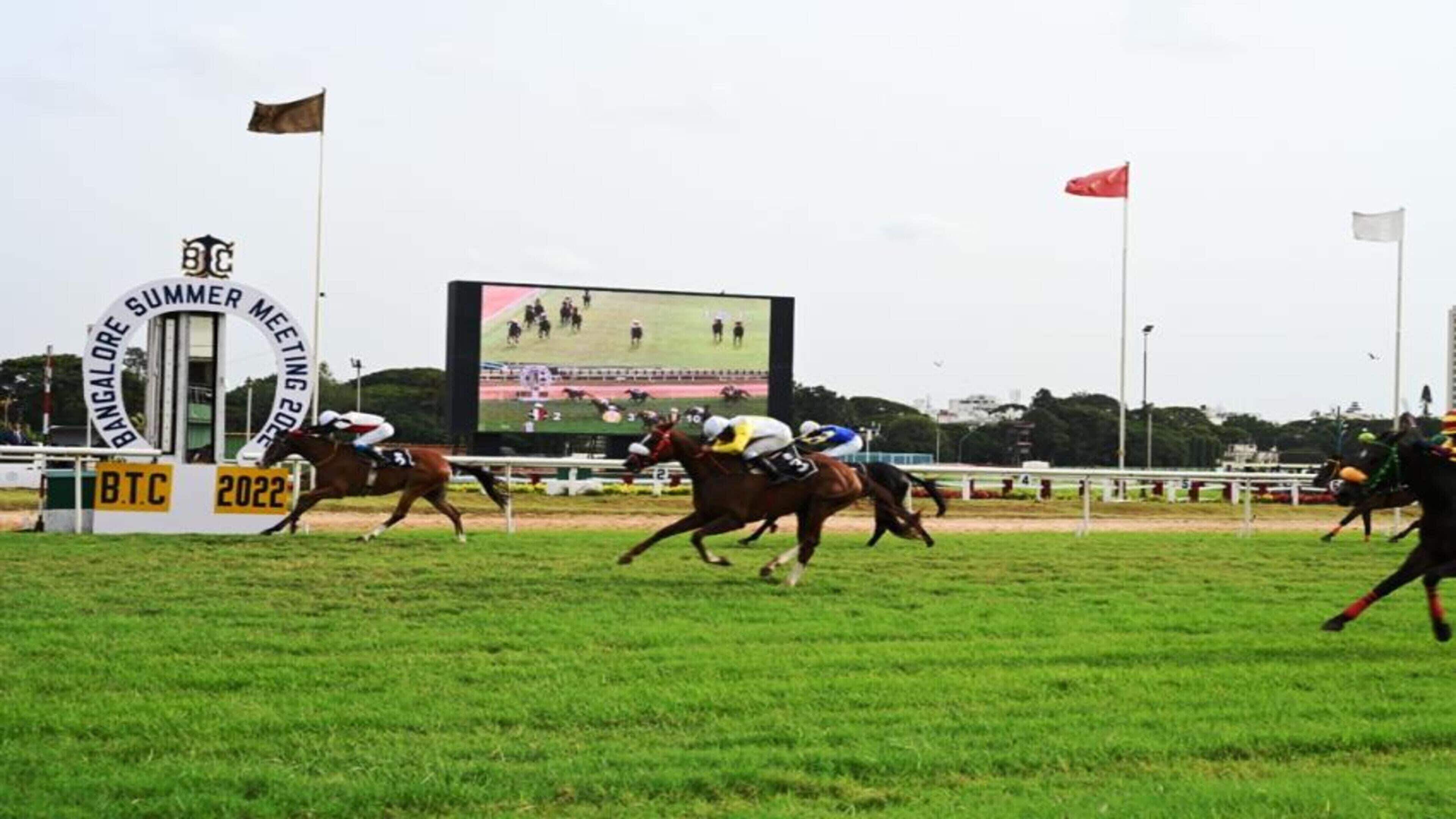 A horse race track with a large screen displaying a race.