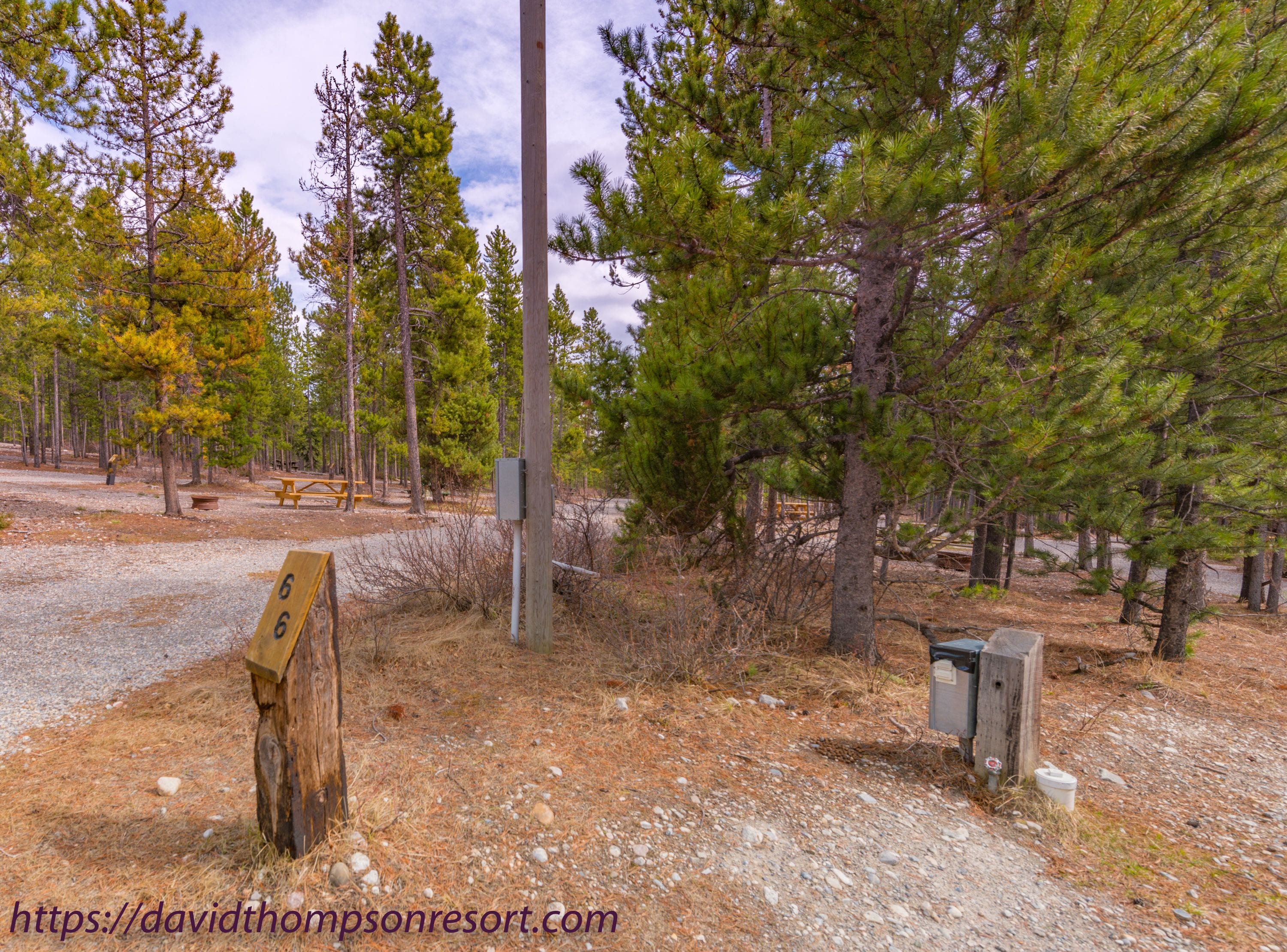 A campground with picnic tables, a wooden post with a number, and utility boxes.