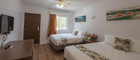 A hotel room with two beds, a desk, a TV, a ceiling fan, a window with curtains, and a painting on the wall.