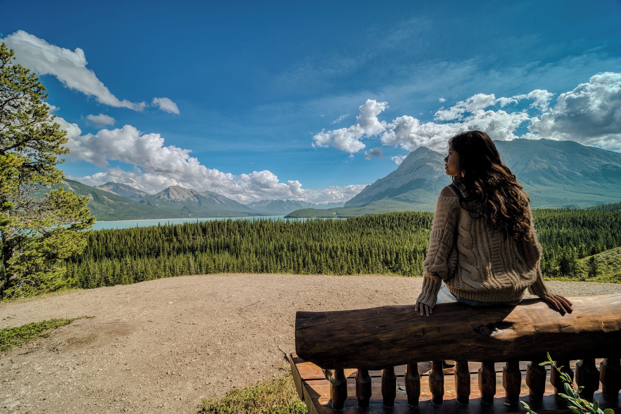 A person sitting on a bench overlooking a mountainous landscape with a lake and forest.