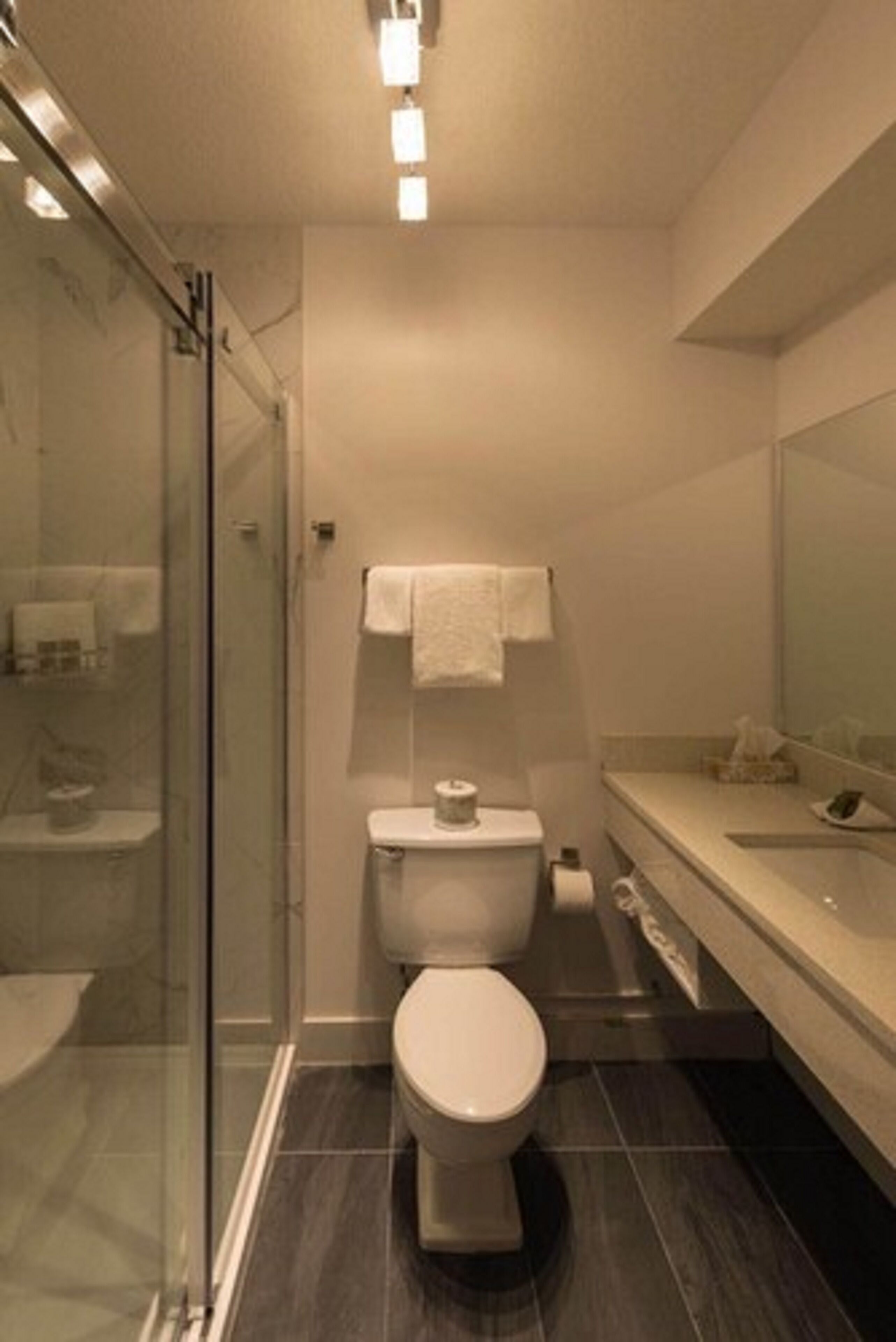 Een moderne badkamer met een douchecabine van glas, een toilet, een wastafel met spiegel en een handdoek aan de muur.