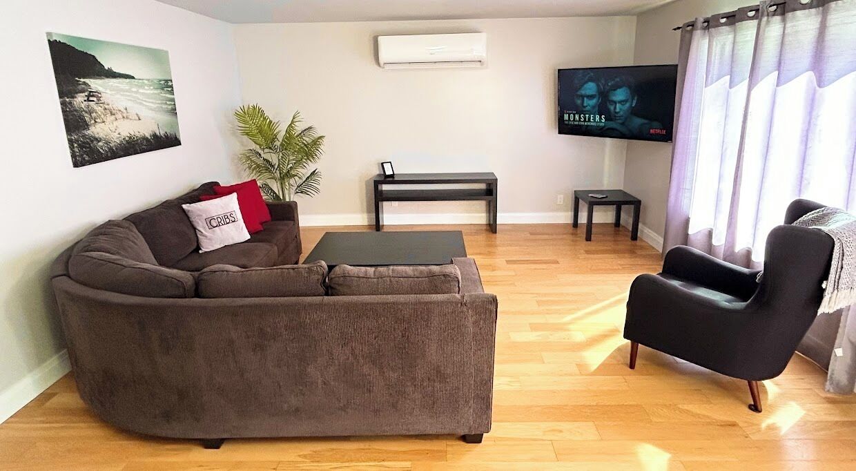 Una sala de estar con un sofá marrón, un sillón negro, una mesita, un televisor y una planta.