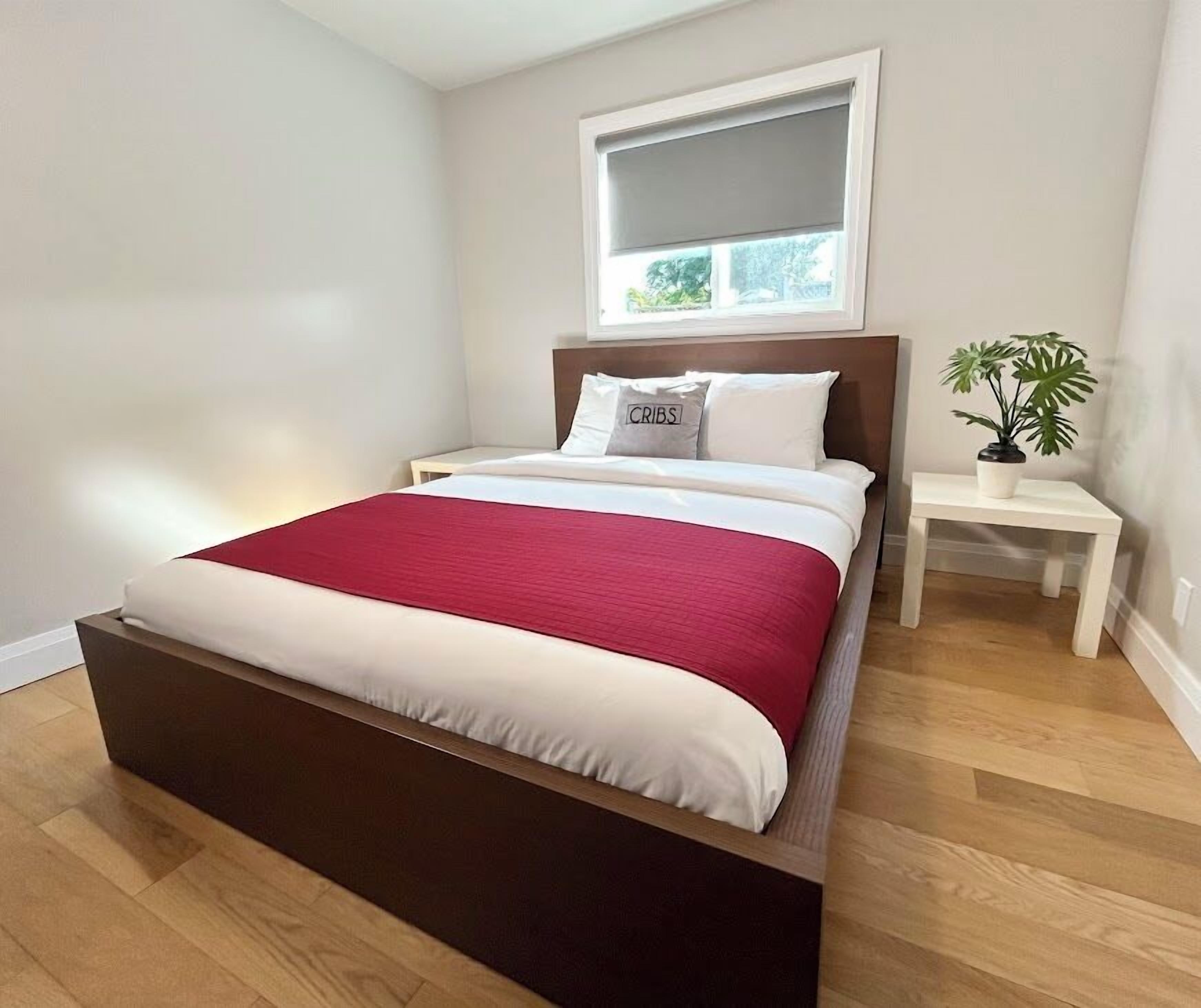 A bedroom with a bed, a nightstand, a window, and a potted plant.