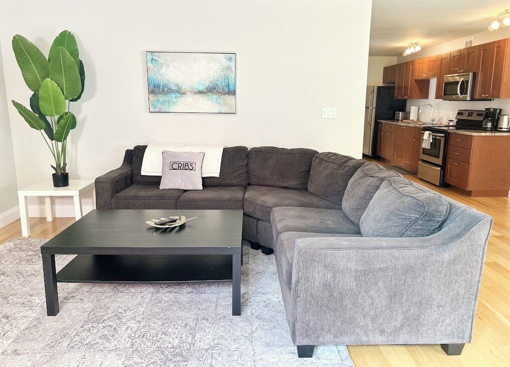 Una sala de estar moderna con un sofá modular, una mesa de centro y una planta en maceta.