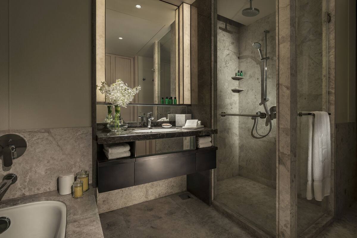 combined shower/bathtub, deep-soaking bathtub, free toiletries