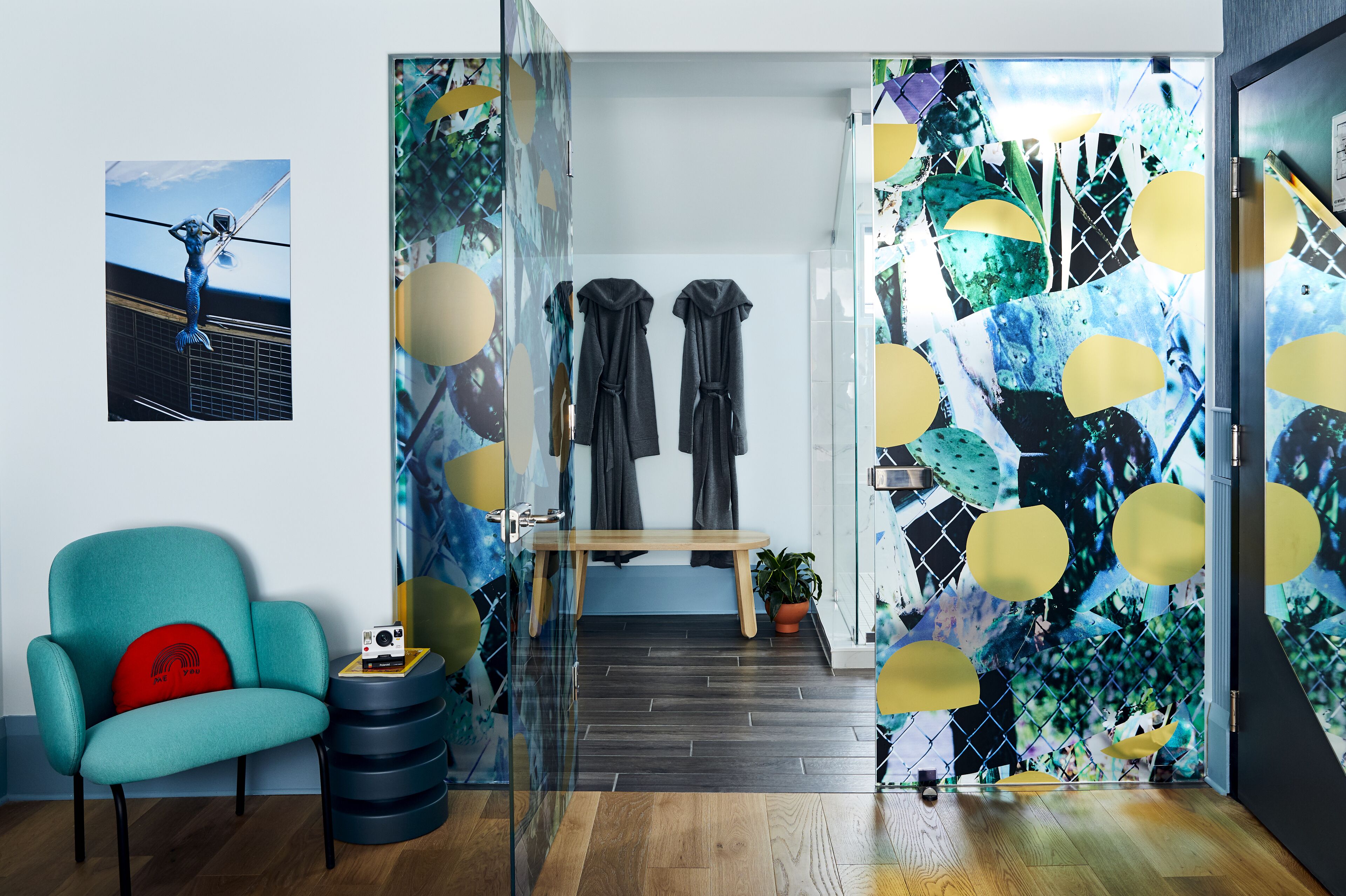 double queen at drake motor inn | bathroom | shower, rainfall showerhead, free toiletries, hair dryer