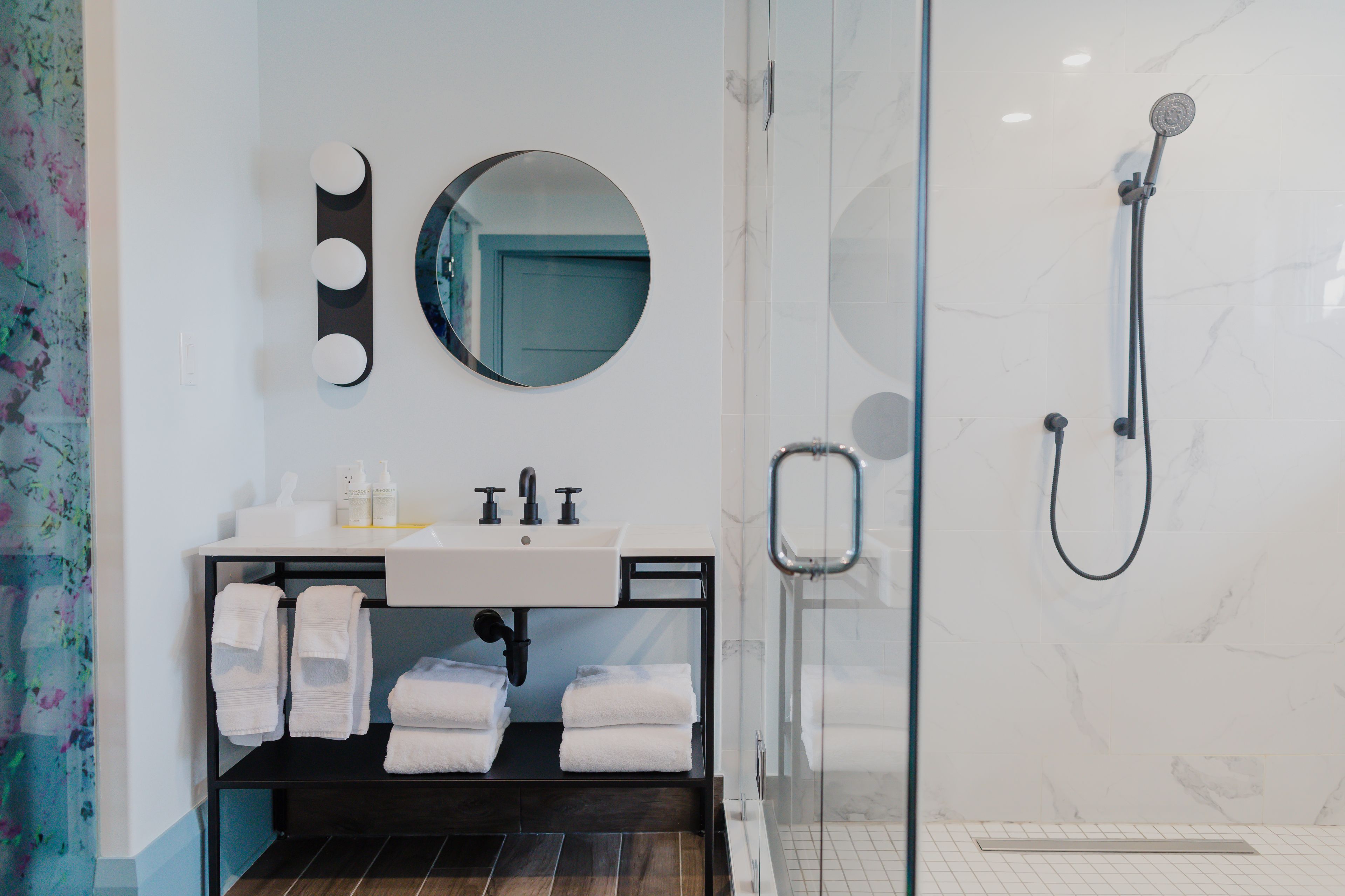 the flat at drake motor inn | bathroom | shower, rainfall showerhead, free toiletries, hair dryer