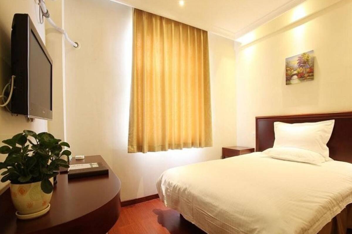 A hotel room with a bed, a desk with a plant, a television, and a window with curtains.