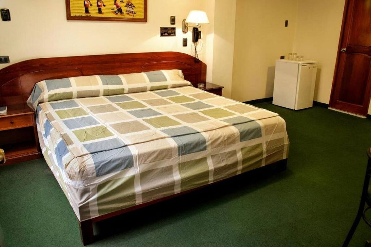 A hotel room with a wooden bed, a small bedside table, a nightstand, a wall-mounted lamp, a refrigerator, and a door.