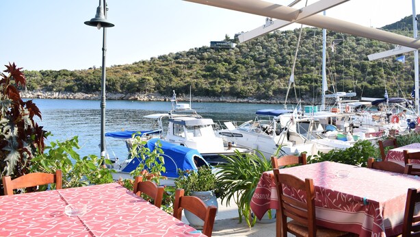 A marina with boats docked, a table with a tablecloth, and a view of a hillside.