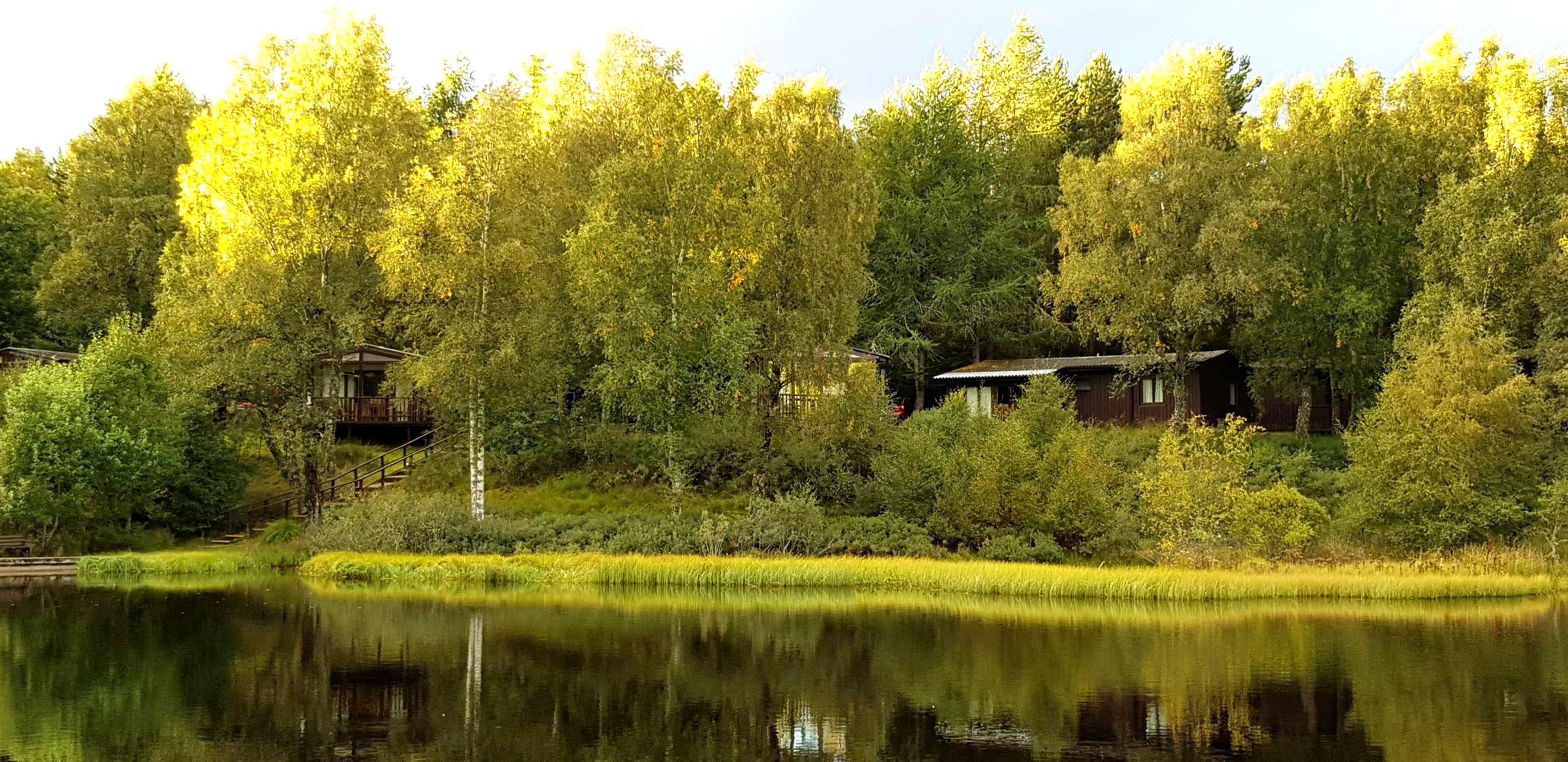 Un chalet au bord du lac, doté d’une terrasse en bois et d’un petit quai, entouré d’une forêt dense et d’un lac paisible.