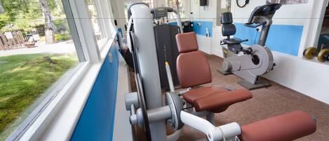 A gym with exercise equipment, a window with a view of the outdoors, and a blue and white wall.