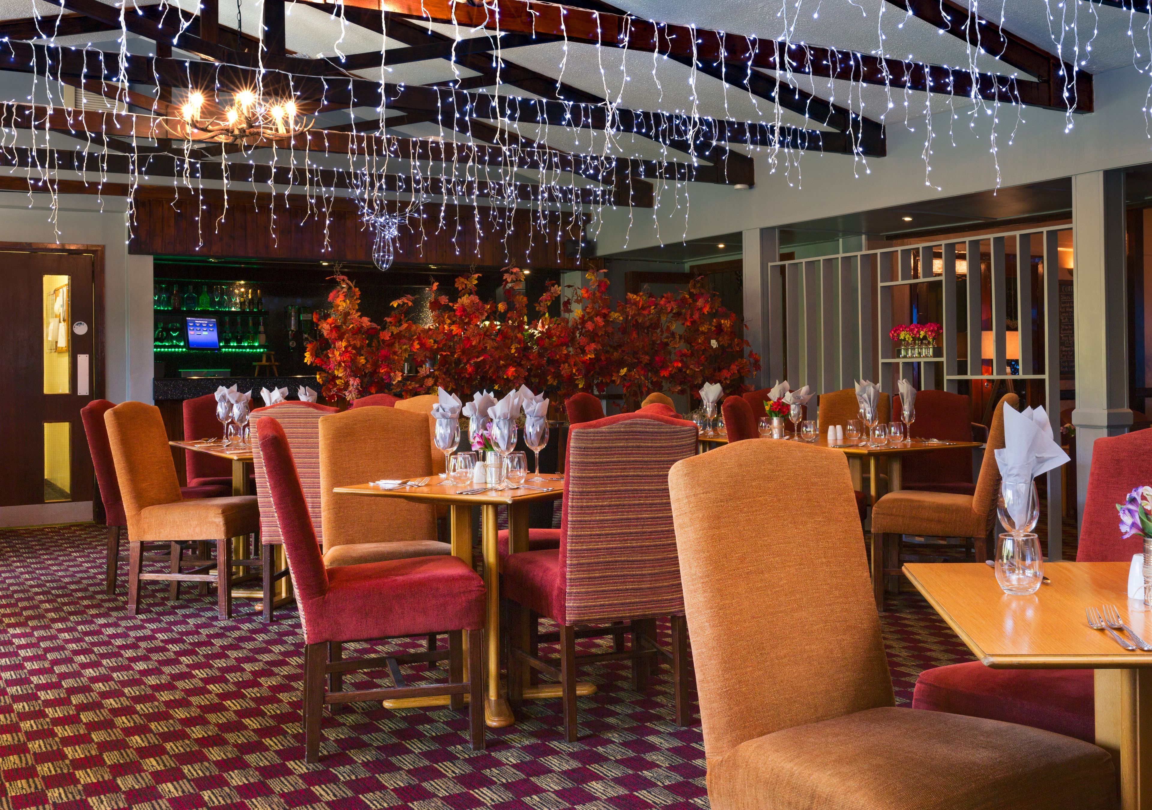 Ein Restaurant mit roten Sitzmöglichkeiten, Holztischen und Lichterketten.