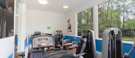 Et fitnessrum med træningsudstyr, et stort vindue med udsigt til træer og et loft med indbyggede spots.