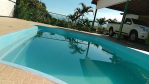 Une piscine à l’eau d’un bleu cristallin, entourée d’une clôture verte et de palmiers.