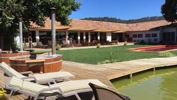 Seasonal outdoor pool, pool loungers