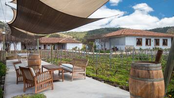 A patio area with wooden furniture and barrels, a vineyard in the background, and a building with a tiled roof.