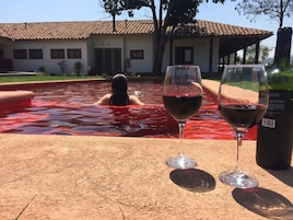 Una piscina con dos copas de vino tinto y una botella en el borde.