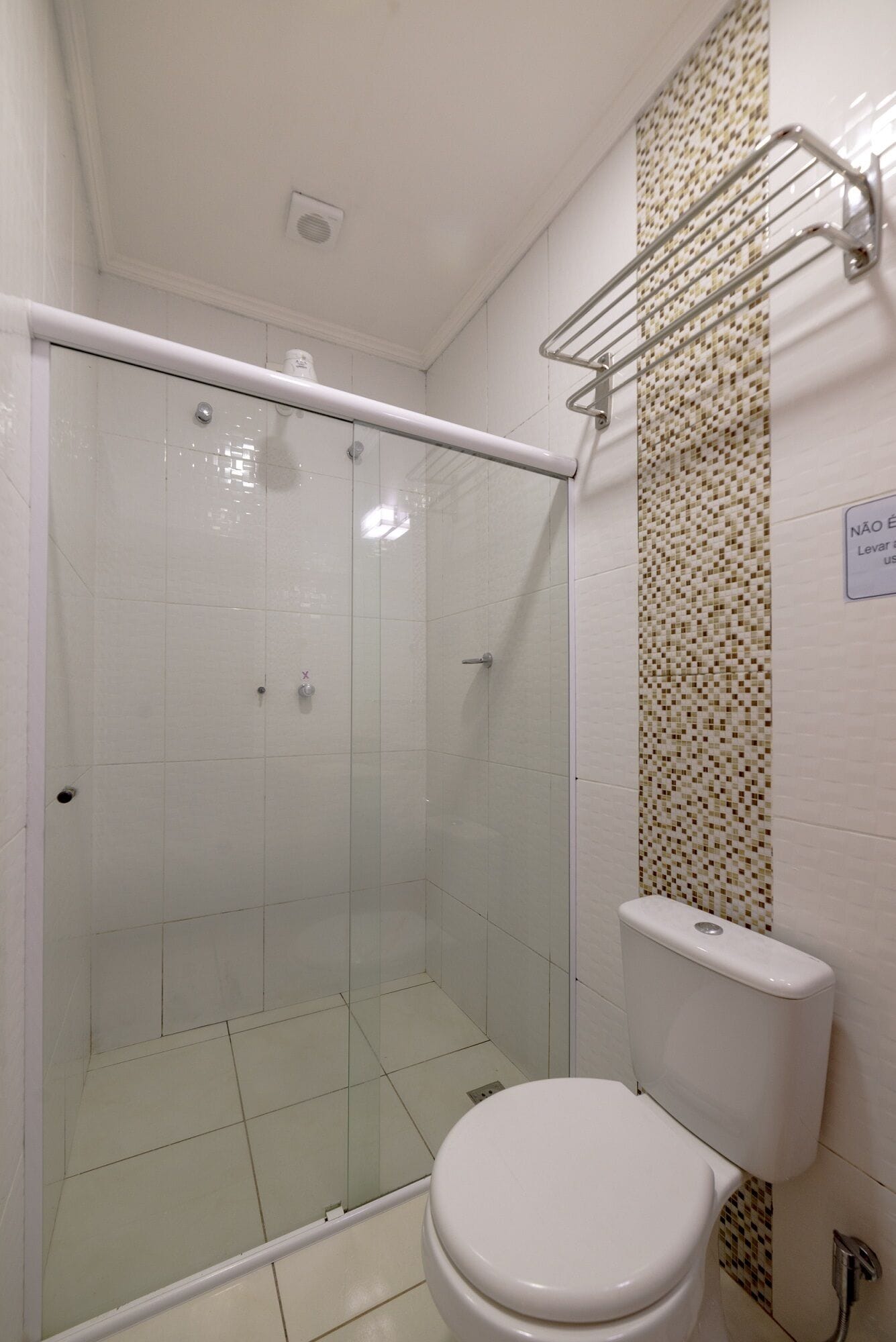 Une salle de bain avec une douche à parois de verre, des toilettes et une étagère fixée au mur.