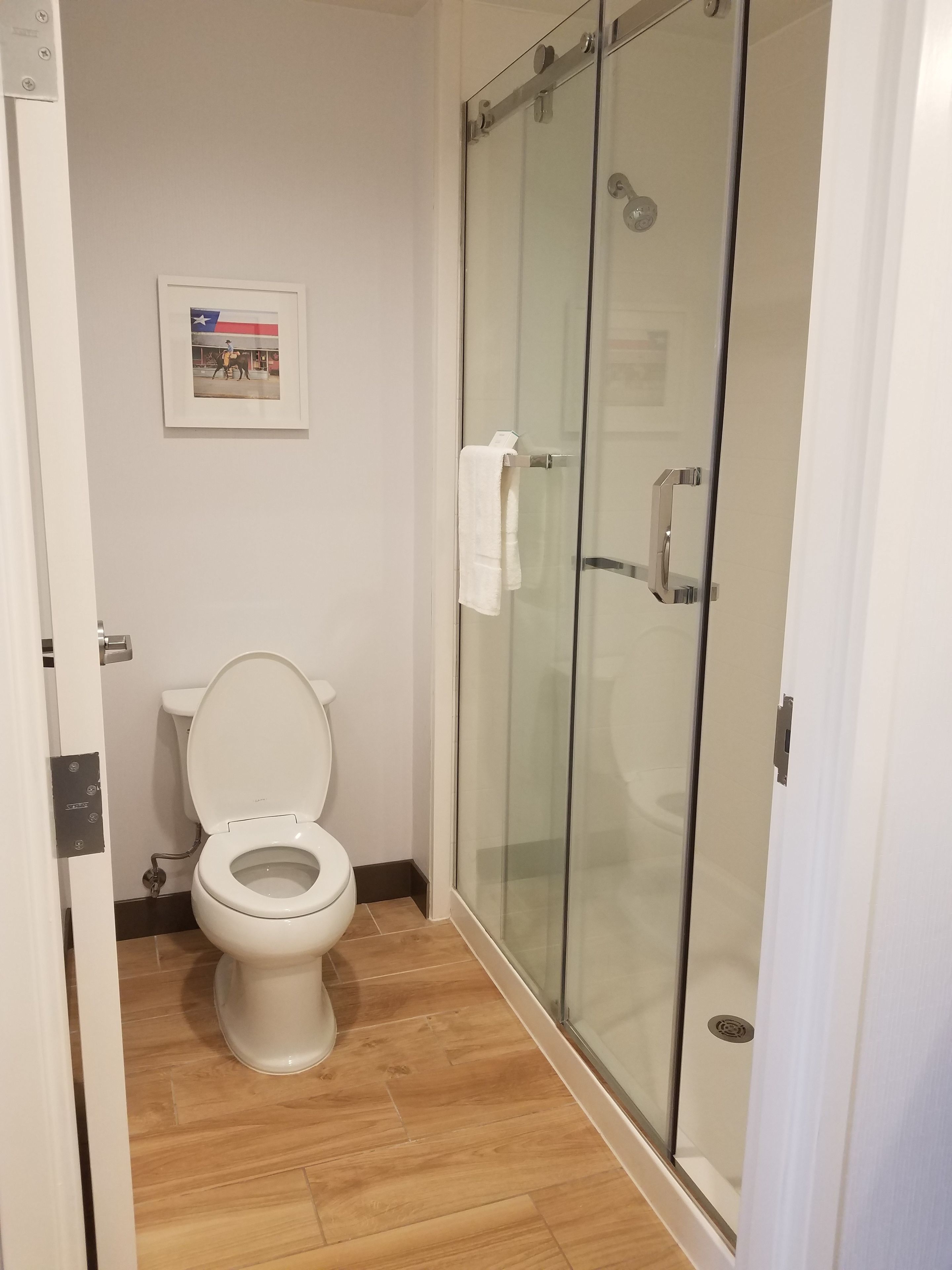 combined shower/bathtub, free toiletries, towels