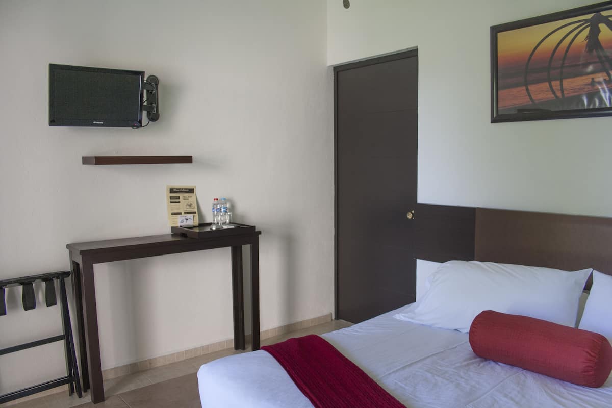 Una habitación de hotel con una cama, un escritorio, un televisor montado en la pared y una puerta.