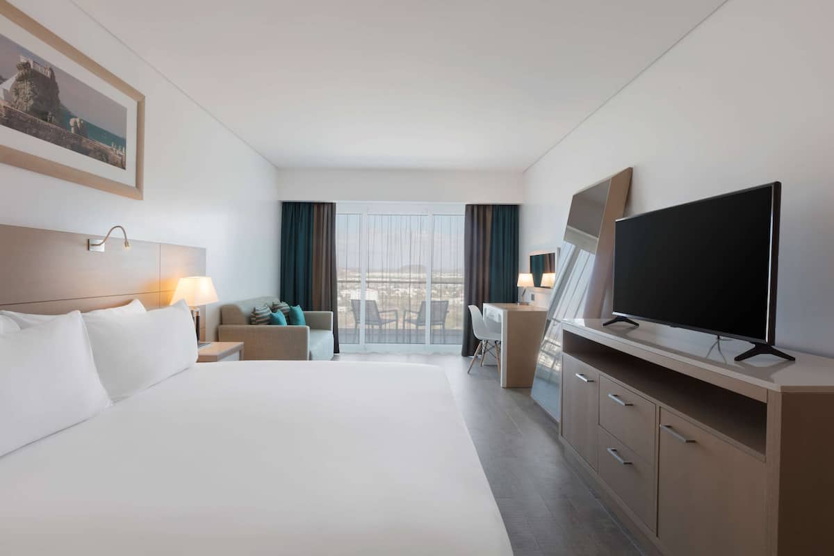 Habitación de hotel con una cama grande, un escritorio, televisión y un balcón con vistas.
