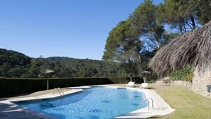 Une piscine rectangulaire à l’eau d’un bleu limpide, entourée d’une terrasse en pierre. On y trouve deux chaises longues et un parasol à toit de chaume, sur le côté droit. L’arrière-plan présente un paysage verdoyant avec des arbres et une colline.