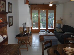 Smart TV, fireplace, DVD player, books