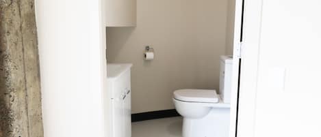 A small, clean bathroom with a toilet, a sink, and a toilet paper holder.