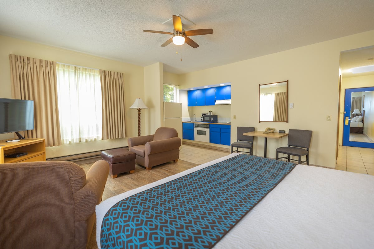 A hotel room with a bed, a TV, a desk, a chair, a sofa, a ceiling fan, and a kitchenette.