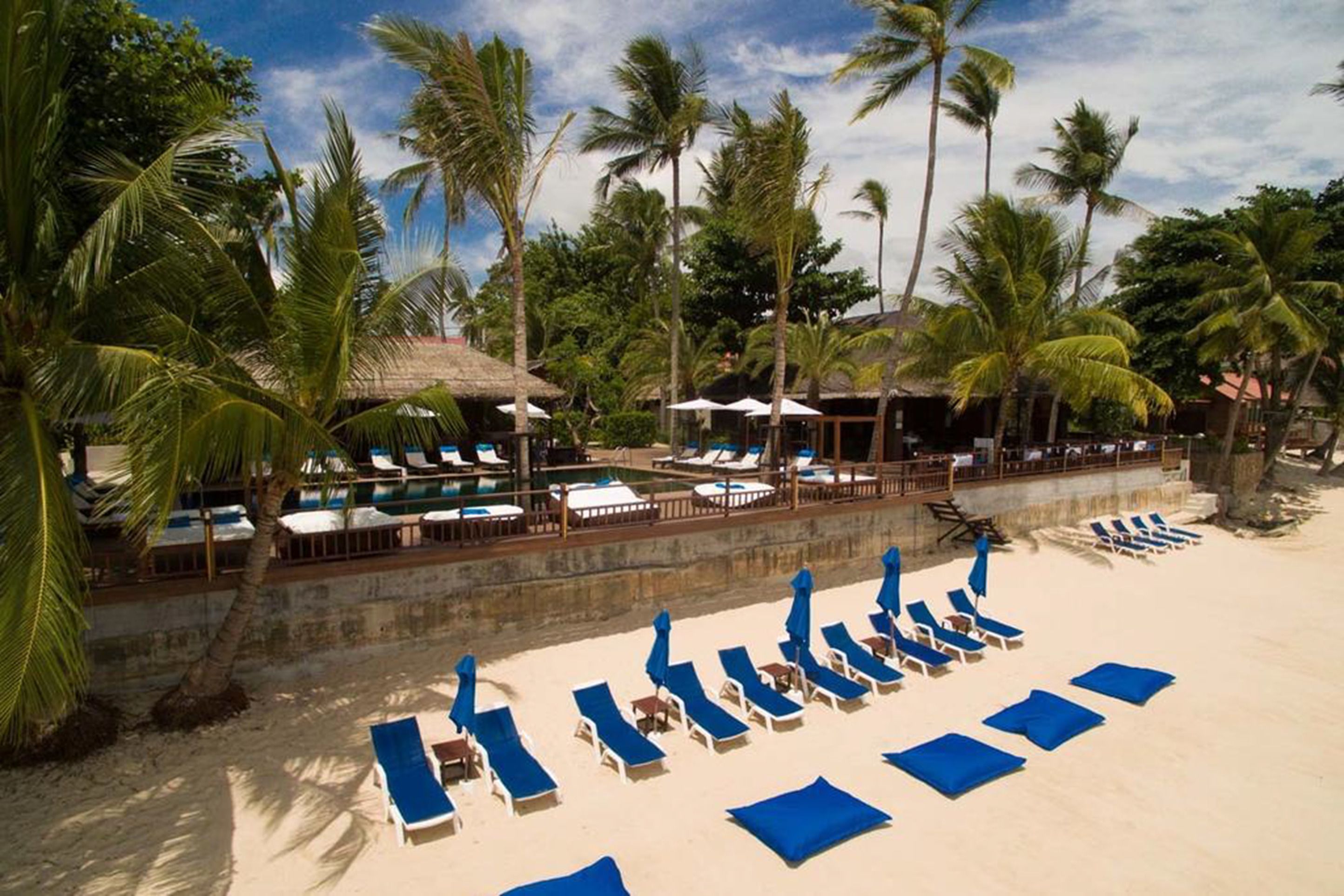 A beach resort with sun loungers, a pool, and palm trees.