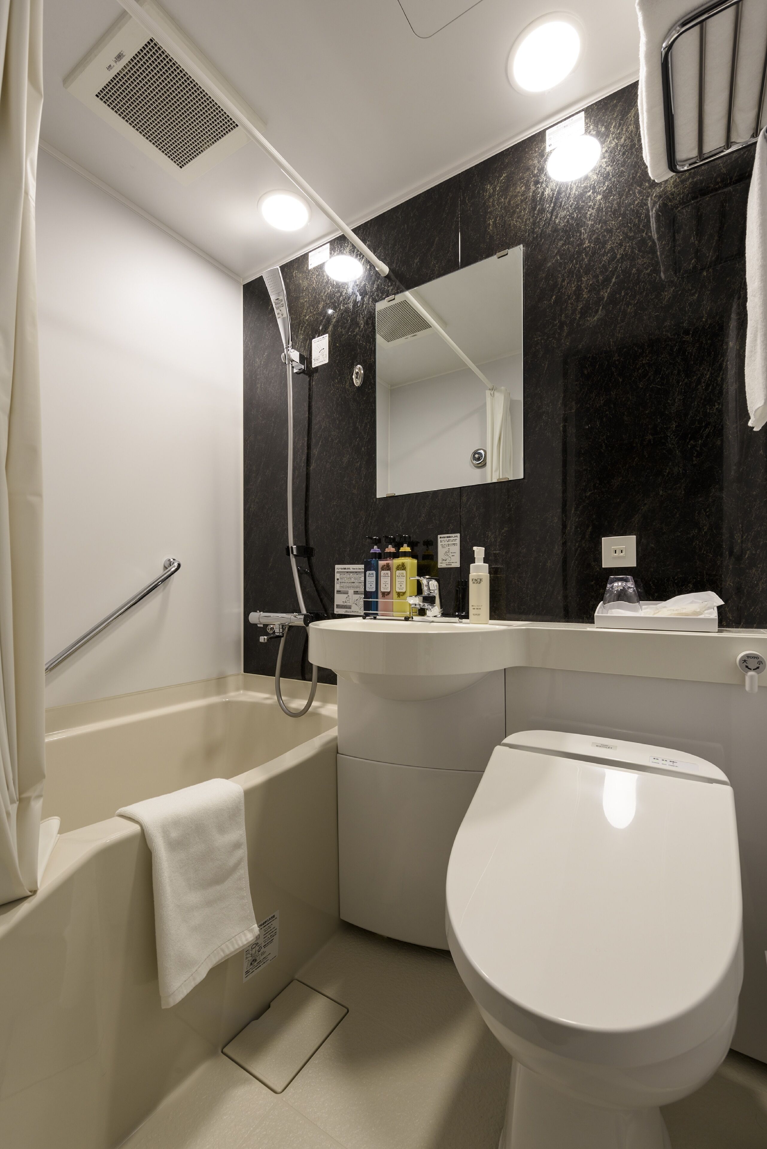 free toiletries, hair dryer, slippers, electronic bidet