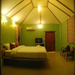 Un dormitorio con cama, televisión, aire acondicionado y armario.