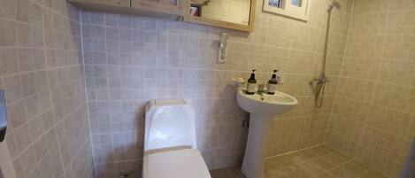 Un baño con inodoro, lavamanos y ducha.