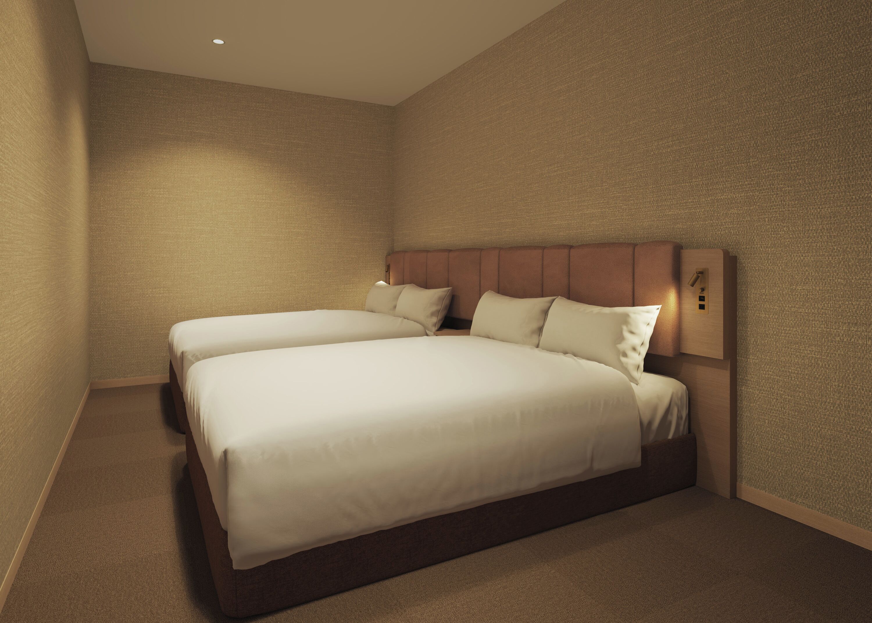 Una habitación de hotel con dos camas, cabecera de madera y piso alfombrado.