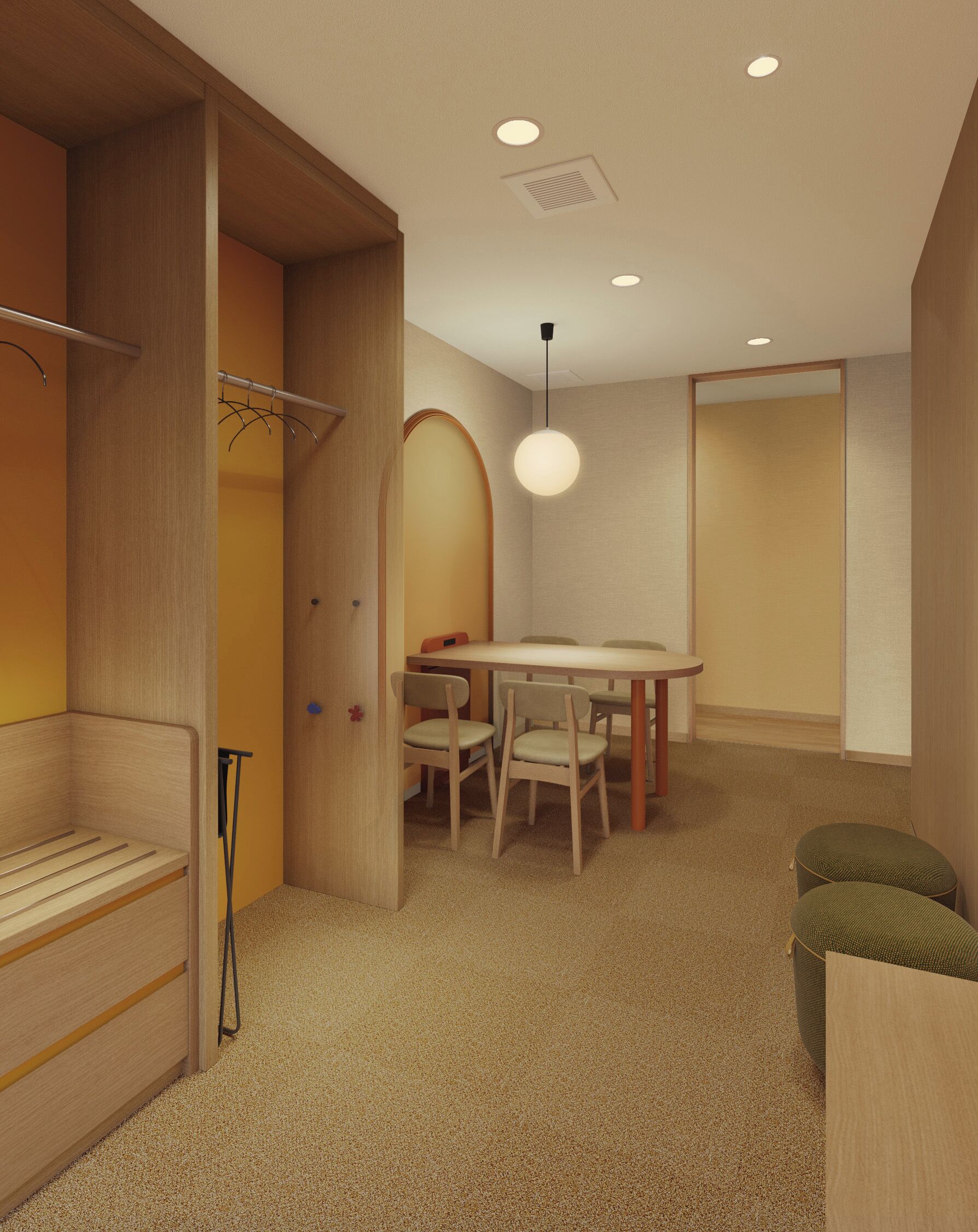 A room with a wooden bench, a table with chairs, a hanging light fixture, and a closet with a mirror.
