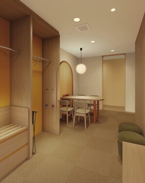 A room with a wooden bench, a table with chairs, a hanging light fixture, and a closet with a mirror. - CVS Bay Hotel Annex (Ichikawa)