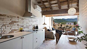 A kitchen with a brick wall, a wooden ceiling, and a view of the mountains. - Argenter, deluxe penthouse with terrace (Olot)