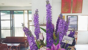 En receptionsdisk med en stor blomsterarrangemang, en skylt med texten ”Jag älskar dig mer” och ett fönster med utsikt över omgivningen.