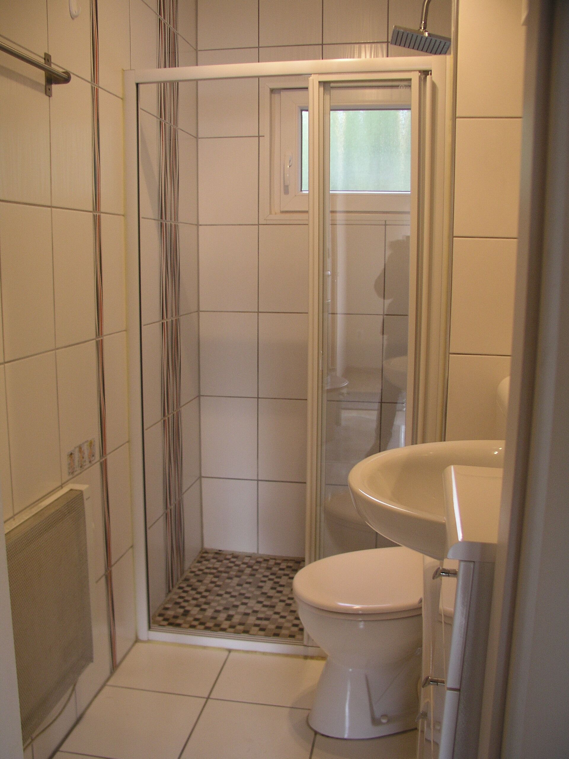 Une salle de bain avec douche, toilettes et lavabo.