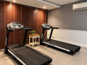 Un gimnasio en casa con dos cintas de correr, una mesita con una planta y un aire acondicionado instalado en la pared.