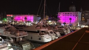 Un port de plaisance de nuit, avec des bateaux amarrés, des bâtiments illuminés en arrière-plan et une imposante structure en forme de dôme.