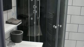 Shower, towels, toilet paper