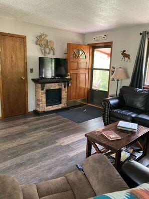 Smart TV, fireplace, DVD player, books