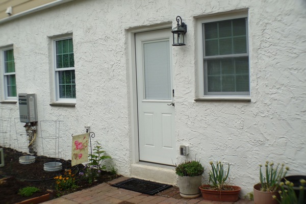 First-Floor Apartment entrance. No stairs to climb. Nice little garden.