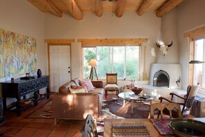 TV, fireplace, books, stereo