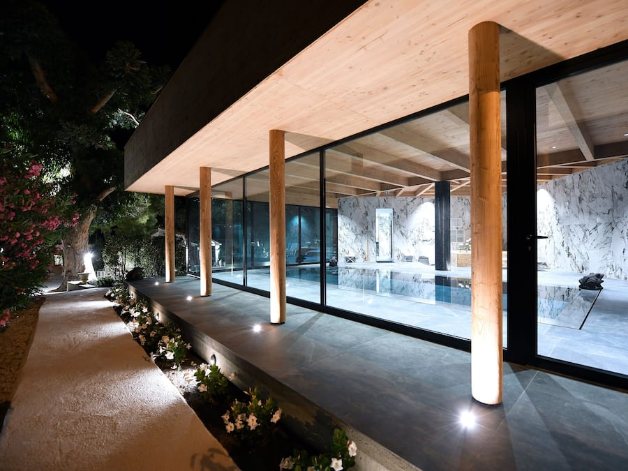 Indoor pool, open 10:00 AM to 8:00 PM, pool loungers