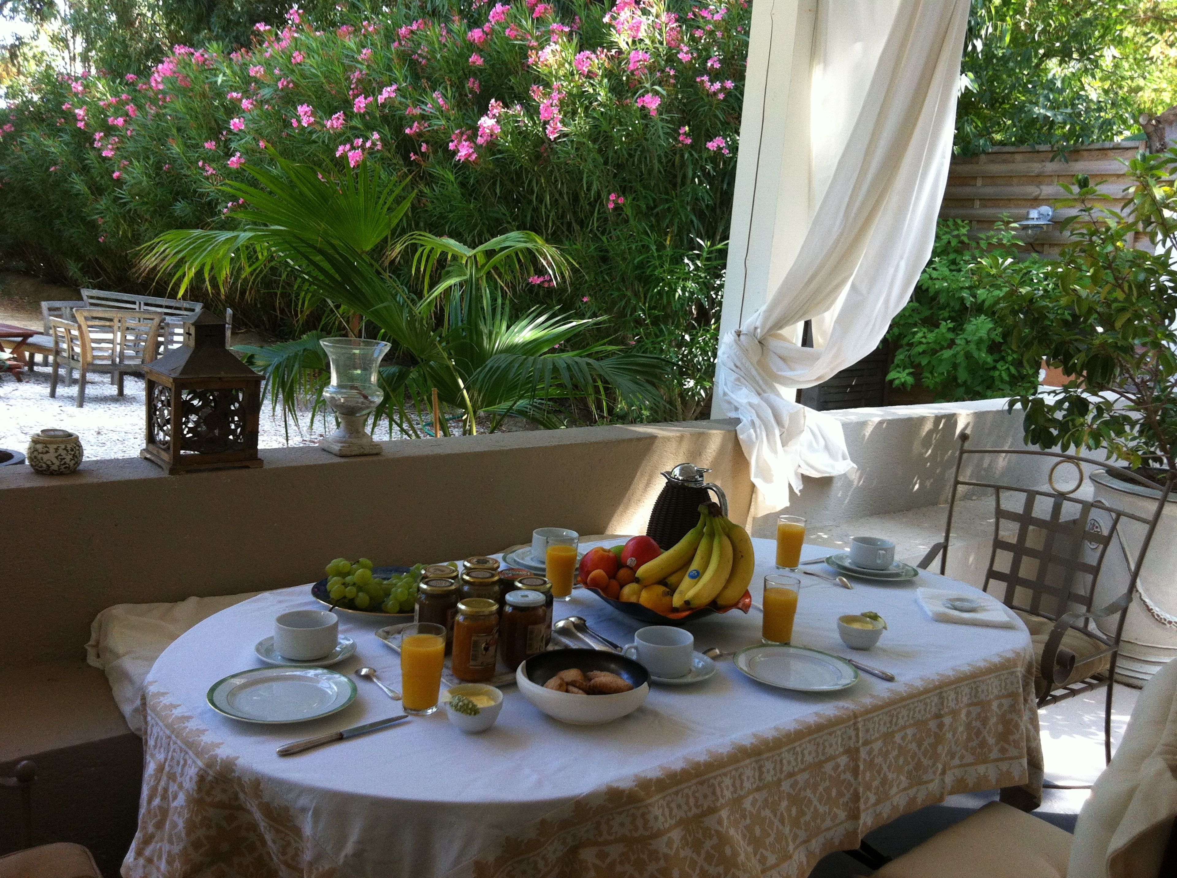 Un área de comedor al aire libre con una mesa dispuesta para el desayuno, rodeada de exuberante follaje y flores.