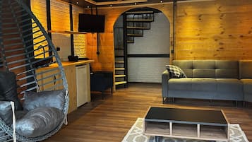 Family Chalet, 2 Bedrooms | Ruang tamu | TV LED, pendiangan, pemain DVD